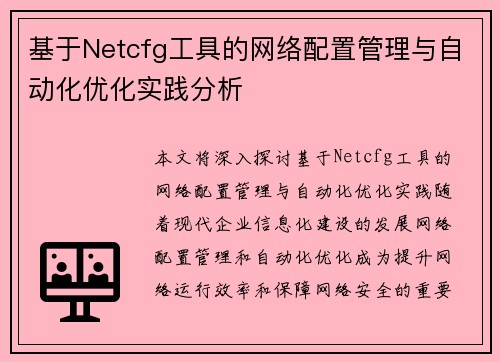 基于Netcfg工具的网络配置管理与自动化优化实践分析